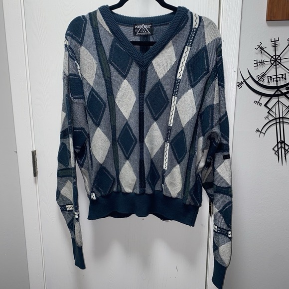 Portocruz Other - Vintage Portocruz‎ V-Neck Teal Grey Argyle Knit Sweater Art Medium